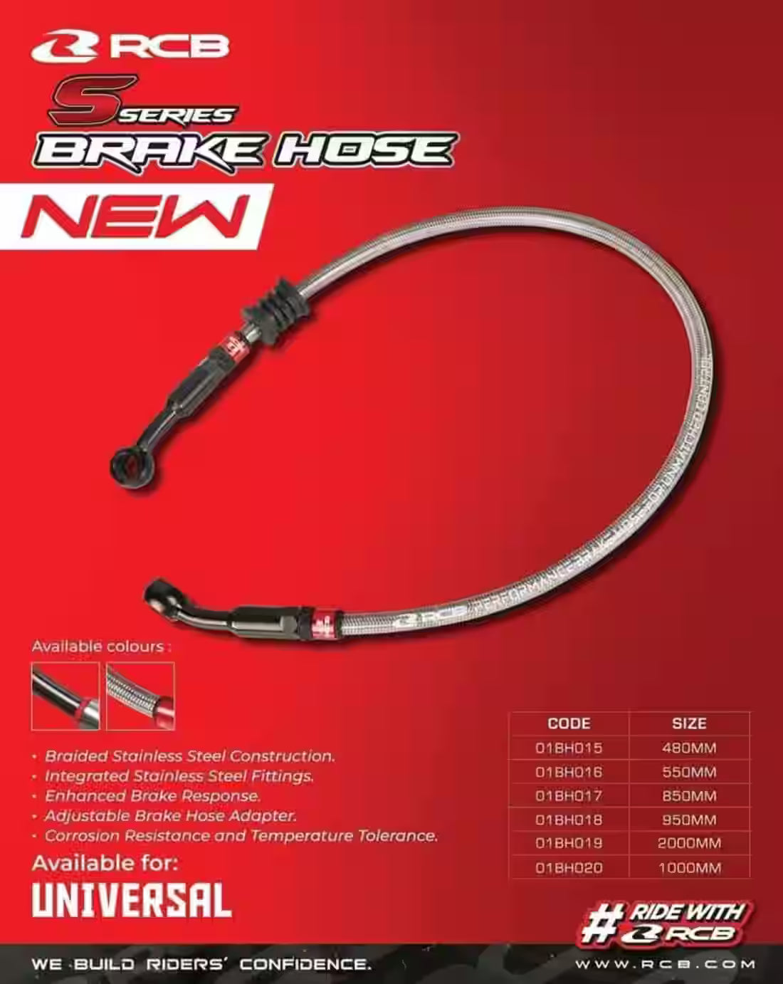 RCB S SERIES TEFLON BRAKE HOSE SILVER (01BH017S 850MM SILVER)