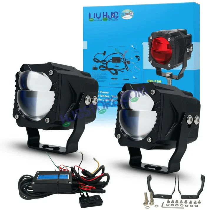HJG Gorilla Fog with Wiring Harness Kit Combo Dual Lens 120W Gorilla Projector Foglight New Model with Wiring Foglight Ultra Wide Dual Intensity LED Driving Fog Lights White/Yellow 120W Universal For All Cars & Bikes LIU HJG Gorilla Foglight Combo