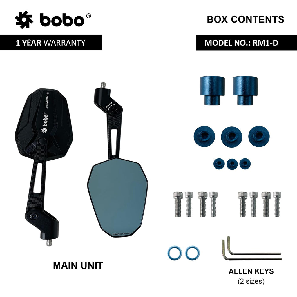 BOBO RM1-D Premium Motorcycle Rearview Mirror, Anti-Glare, Anti-Fog, 360-Degree Rotation, Multi-Angle Adjustable