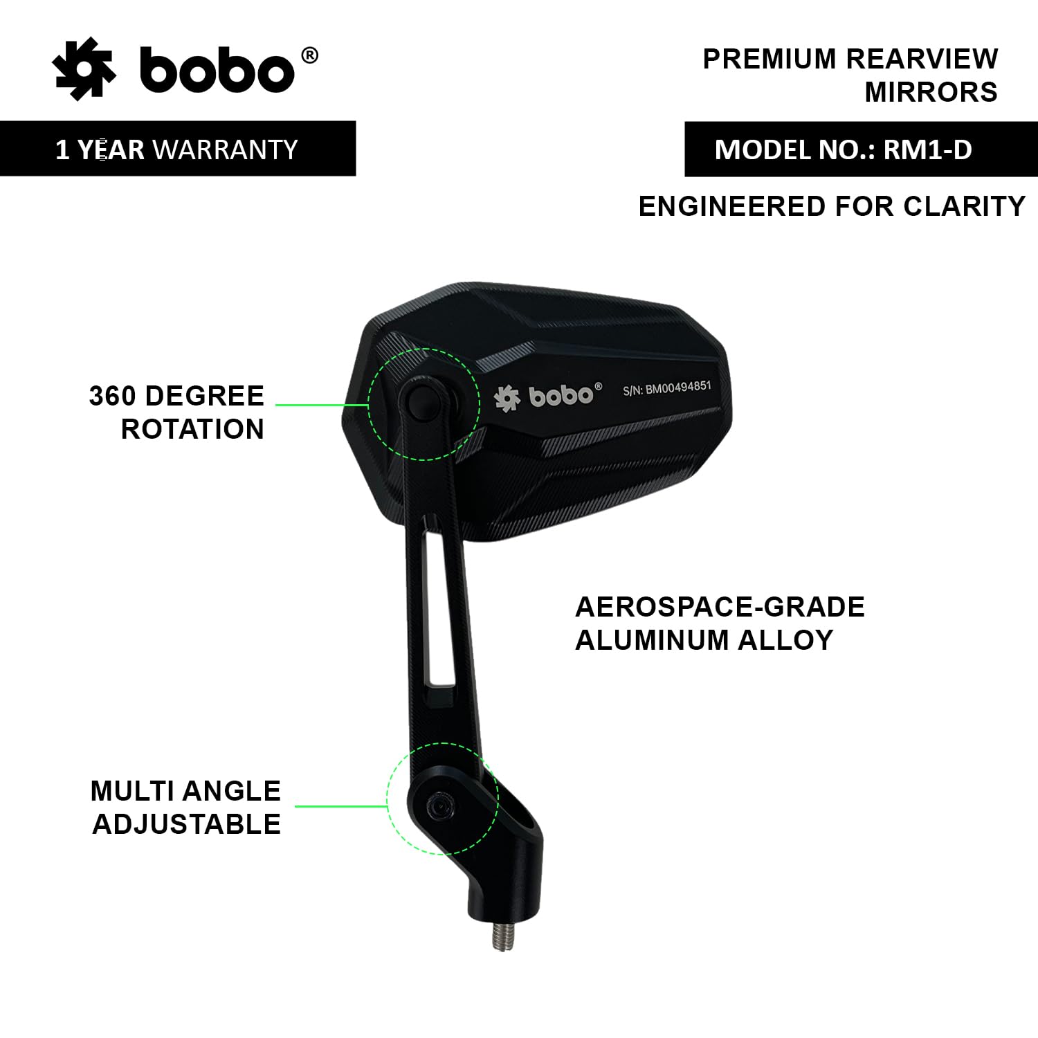 BOBO RM1-D Premium Motorcycle Rearview Mirror, Anti-Glare, Anti-Fog, 360-Degree Rotation, Multi-Angle Adjustable
