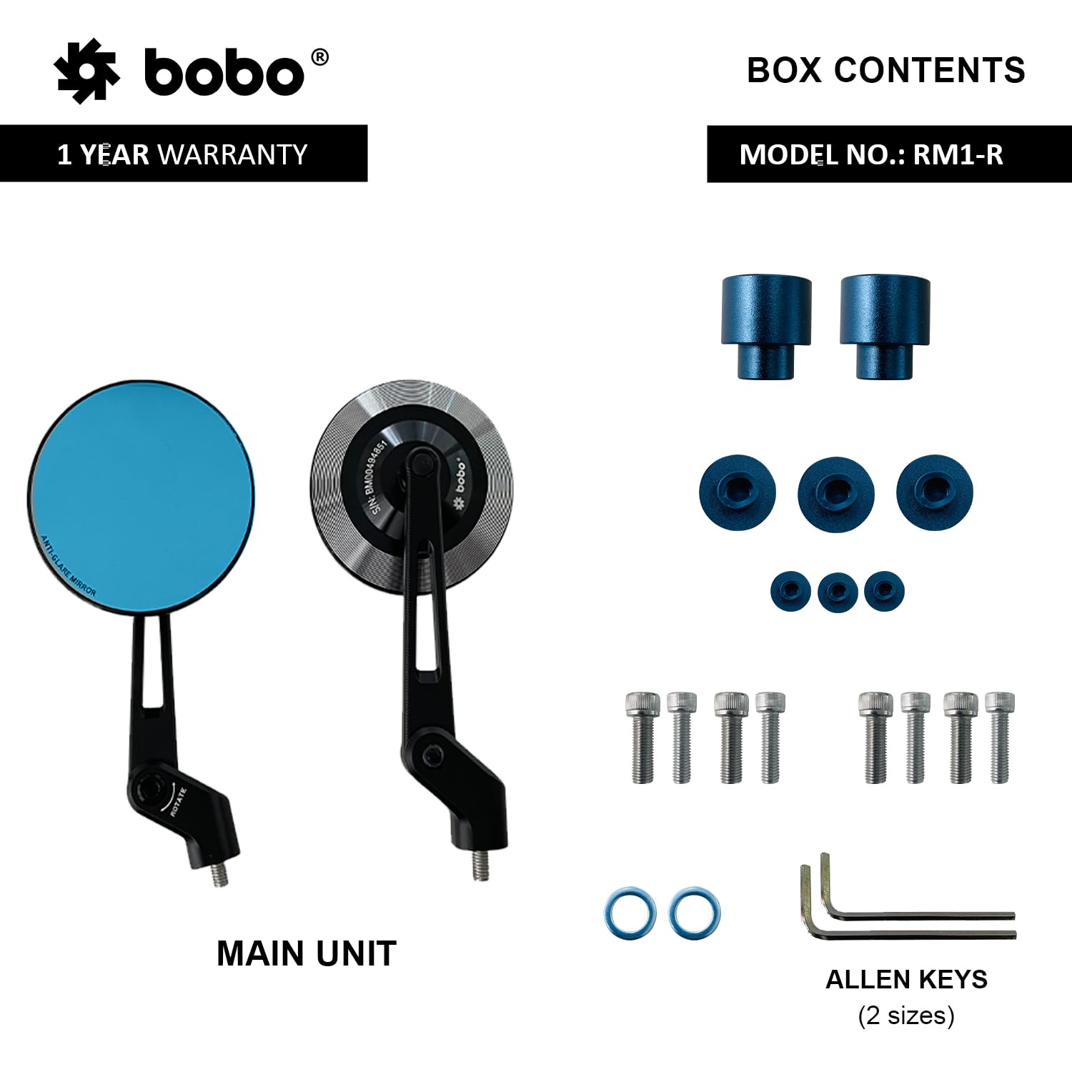BOBO RM1-R Premium Motorcycle Rearview Mirror, Anti-Glare, Anti-Fog, 360-Degree Rotation, Multi-Angle Adjustable