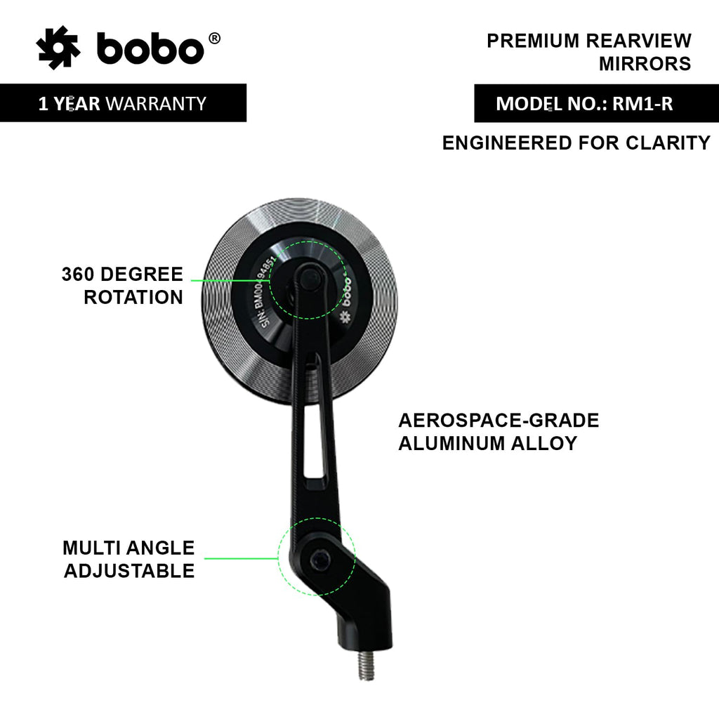BOBO RM1-R Premium Motorcycle Rearview Mirror, Anti-Glare, Anti-Fog, 360-Degree Rotation, Multi-Angle Adjustable