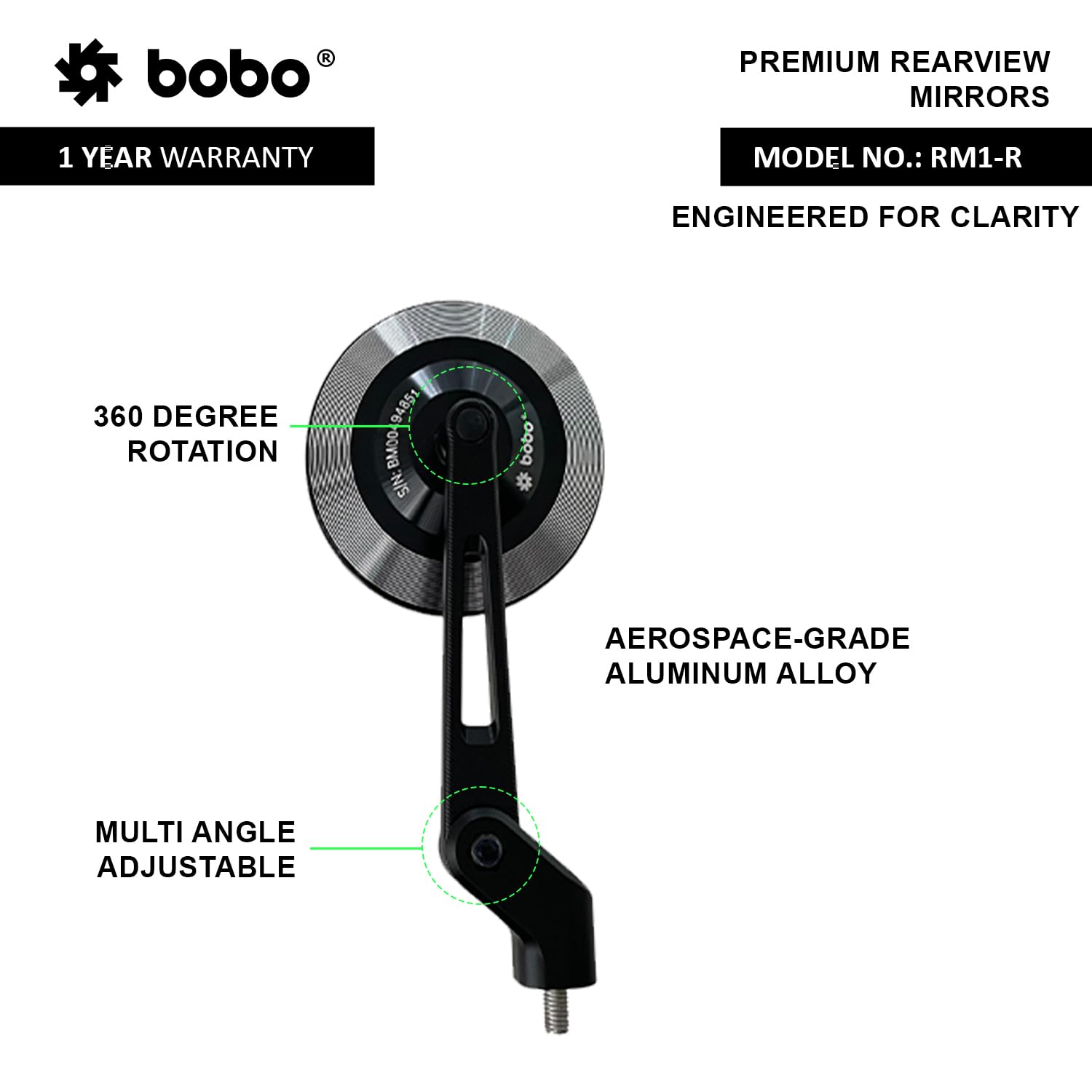 BOBO RM1-R Premium Motorcycle Rearview Mirror, Anti-Glare, Anti-Fog, 360-Degree Rotation, Multi-Angle Adjustable