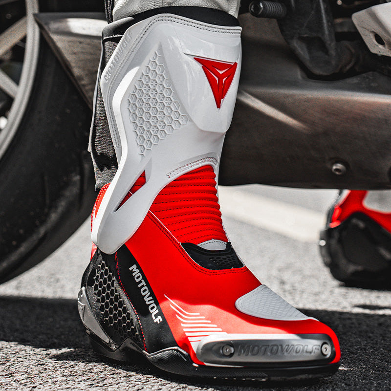 MOTOWOLF BO1 Racing Motorcycle Riding Boots for Unisex | Reinforced Protection, Anti-Slip Sole, All-Weather Riding Boots - WHITE RED