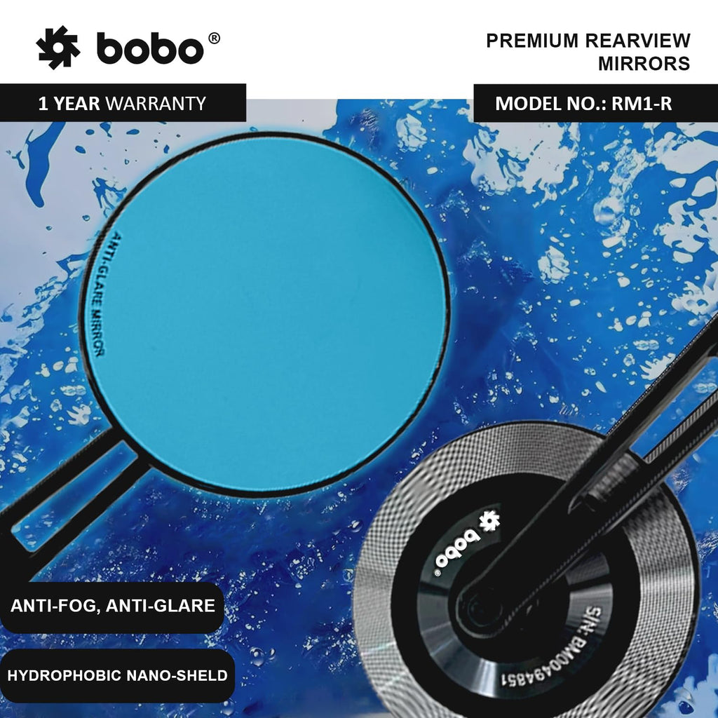 BOBO RM1-R Premium Motorcycle Rearview Mirror, Anti-Glare, Anti-Fog, 360-Degree Rotation, Multi-Angle Adjustable