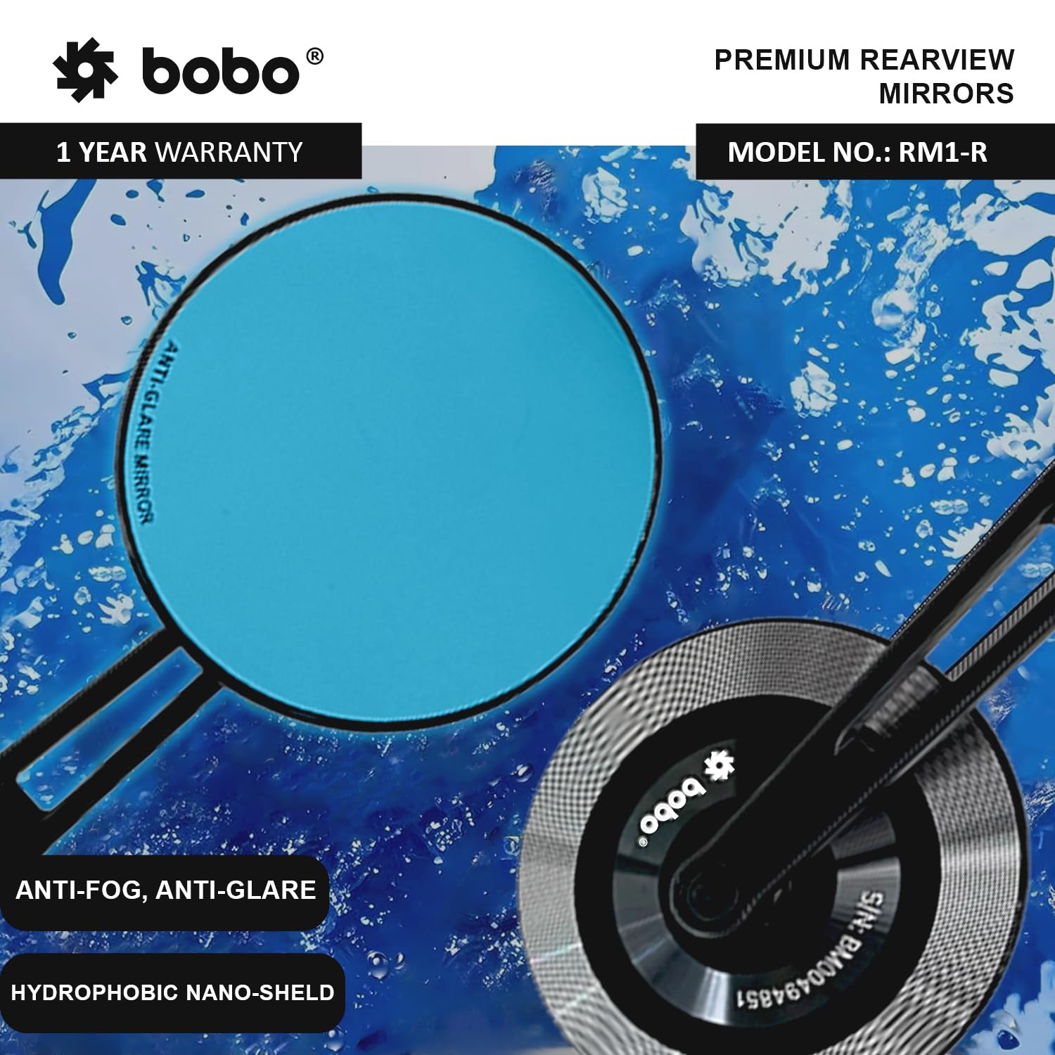 BOBO RM1-R Premium Motorcycle Rearview Mirror, Anti-Glare, Anti-Fog, 360-Degree Rotation, Multi-Angle Adjustable