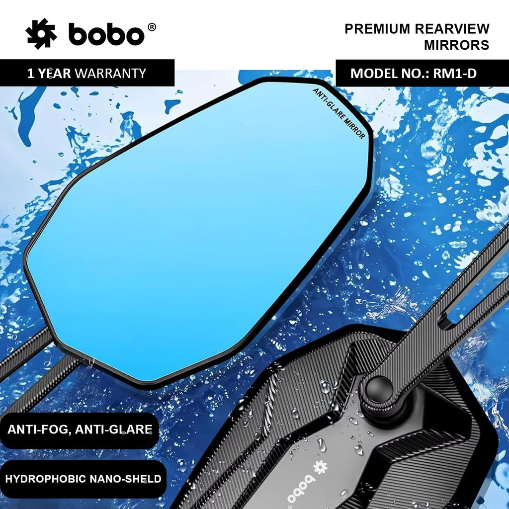 BOBO RM1-D Premium Motorcycle Rearview Mirror, Anti-Glare, Anti-Fog, 360-Degree Rotation, Multi-Angle Adjustable
