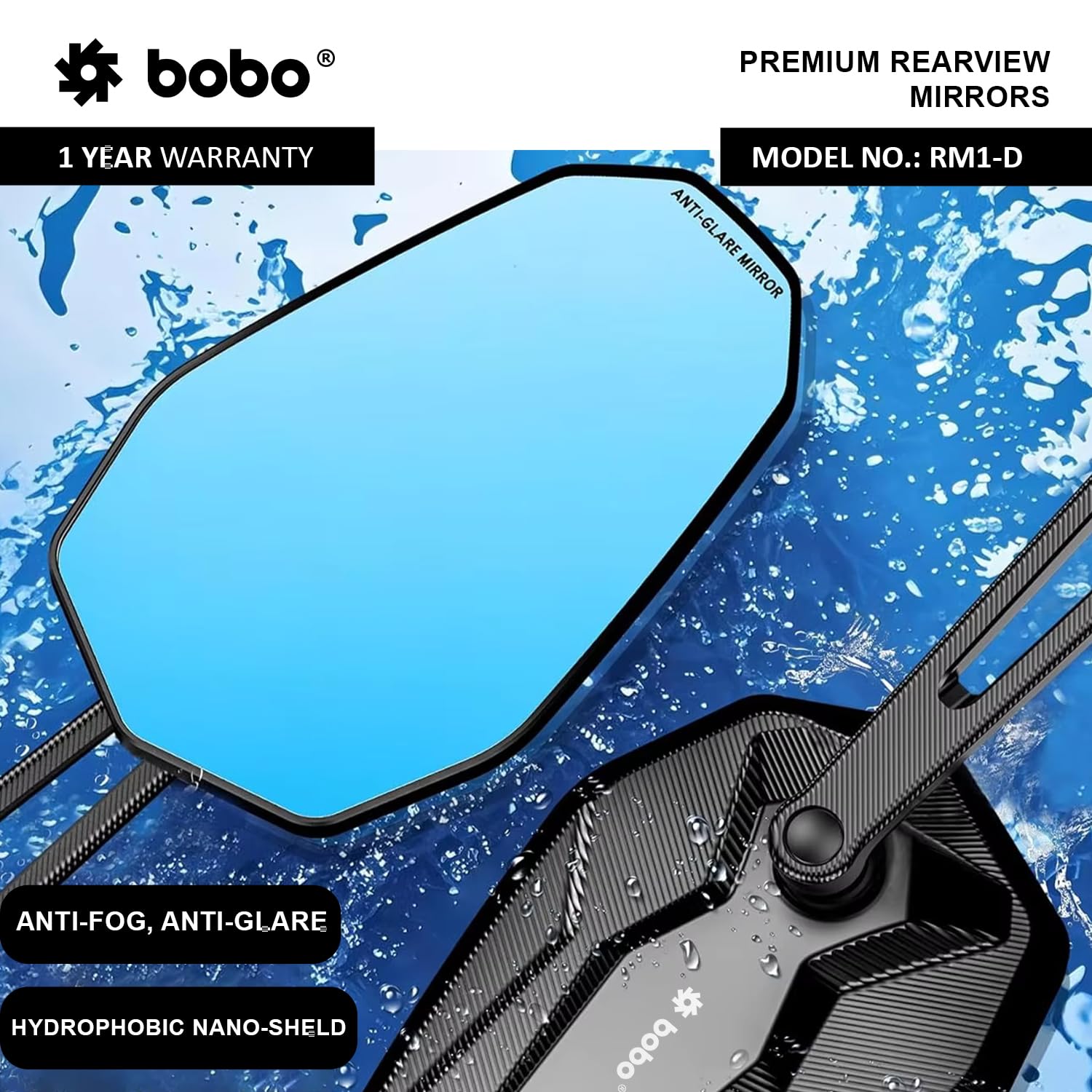 BOBO RM1-D Premium Motorcycle Rearview Mirror, Anti-Glare, Anti-Fog, 360-Degree Rotation, Multi-Angle Adjustable