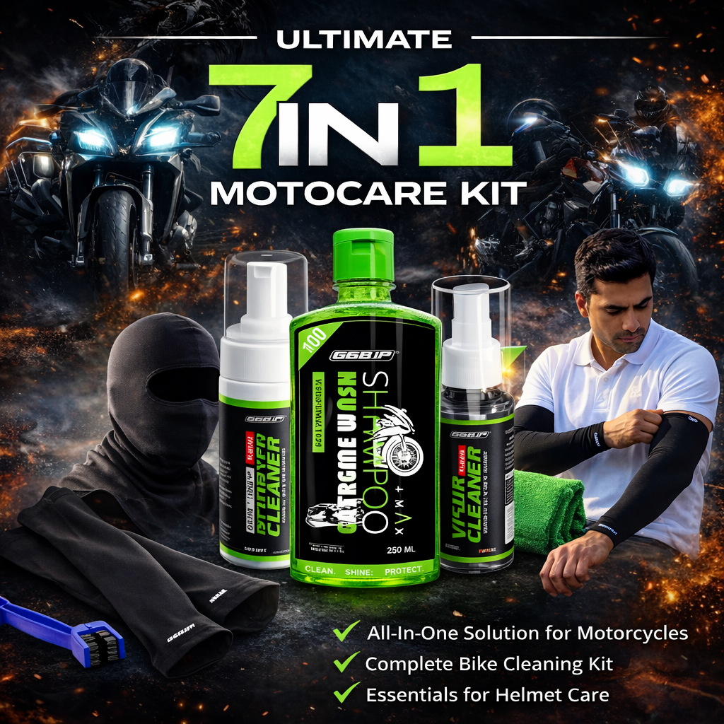 66Bhp Rider Care Combo Kit ( 7 in 1 ) – Helmet & Gear Cleaning + Riding Essentials