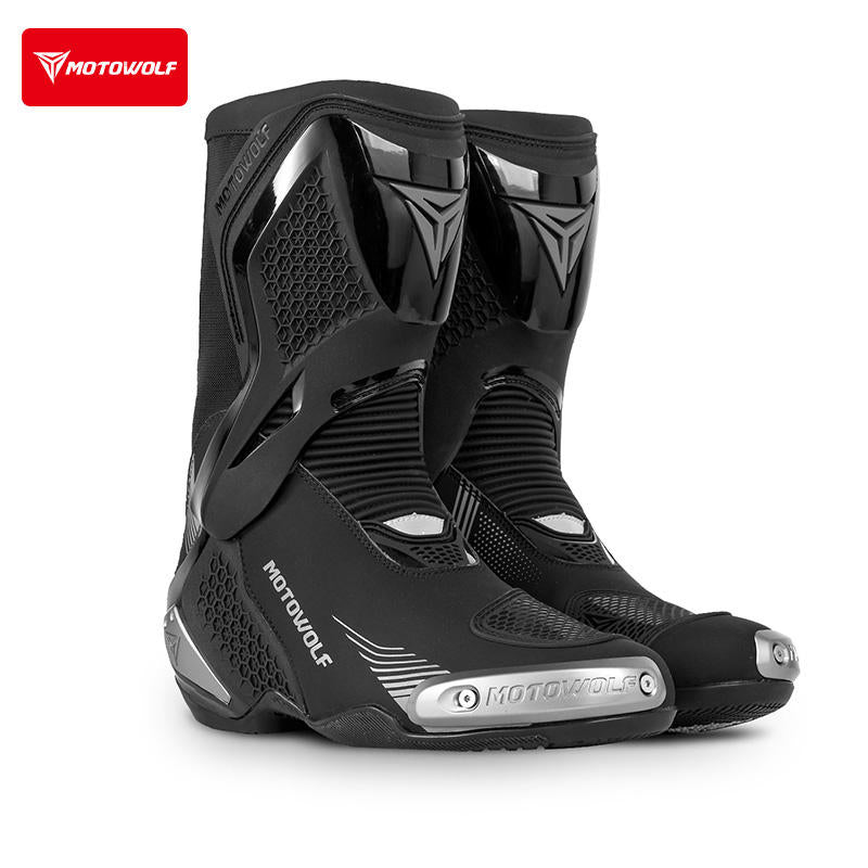 MOTOWOLF BO1 Racing Motorcycle Riding Boots for Unisex | Reinforced Protection, Anti-Slip Sole, All-Weather Riding Boots - BLACK