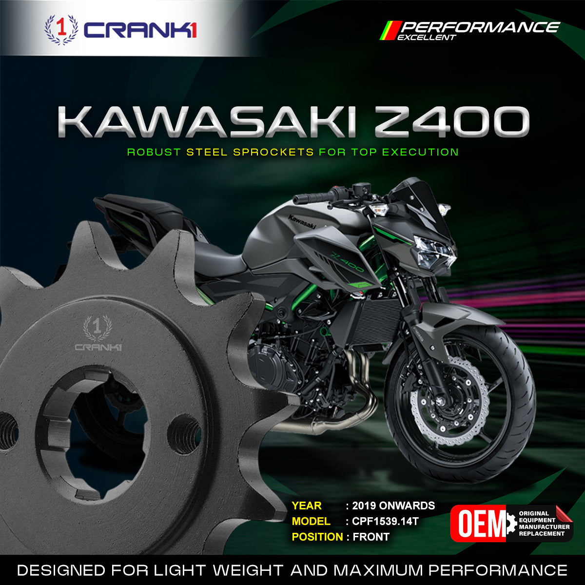 Crank1 SPROCKET FRONT KAWASAKI Z400 (2019 ONWARDS)-CPF1539.14T- CRANK1