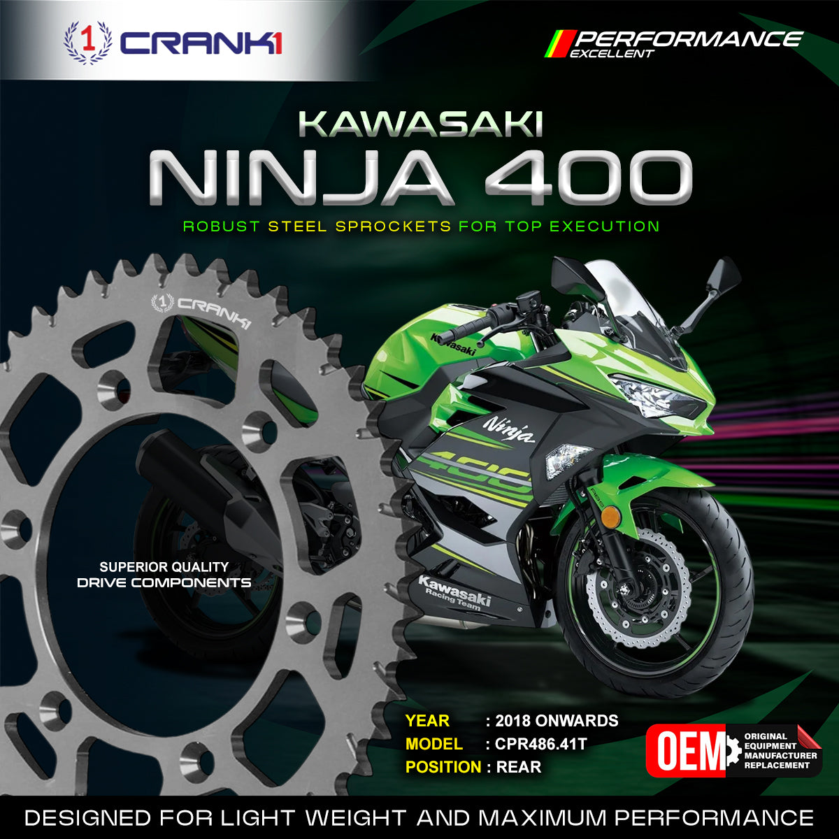 Crank1 Sprocket For Kawasaki Ninja 400 (2018 Onwards) – Rear – CPR486.41T