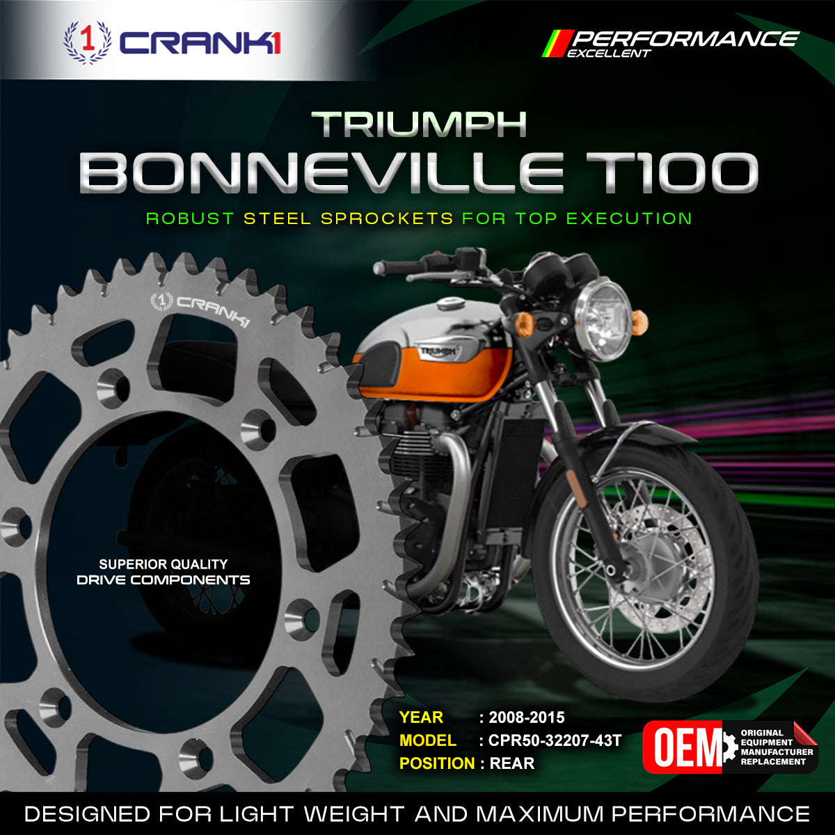 Crank1 Sprocket For Triumph Bonneville Bonneville T100 (2008-2015)- Rear - CPR50-32207-43T