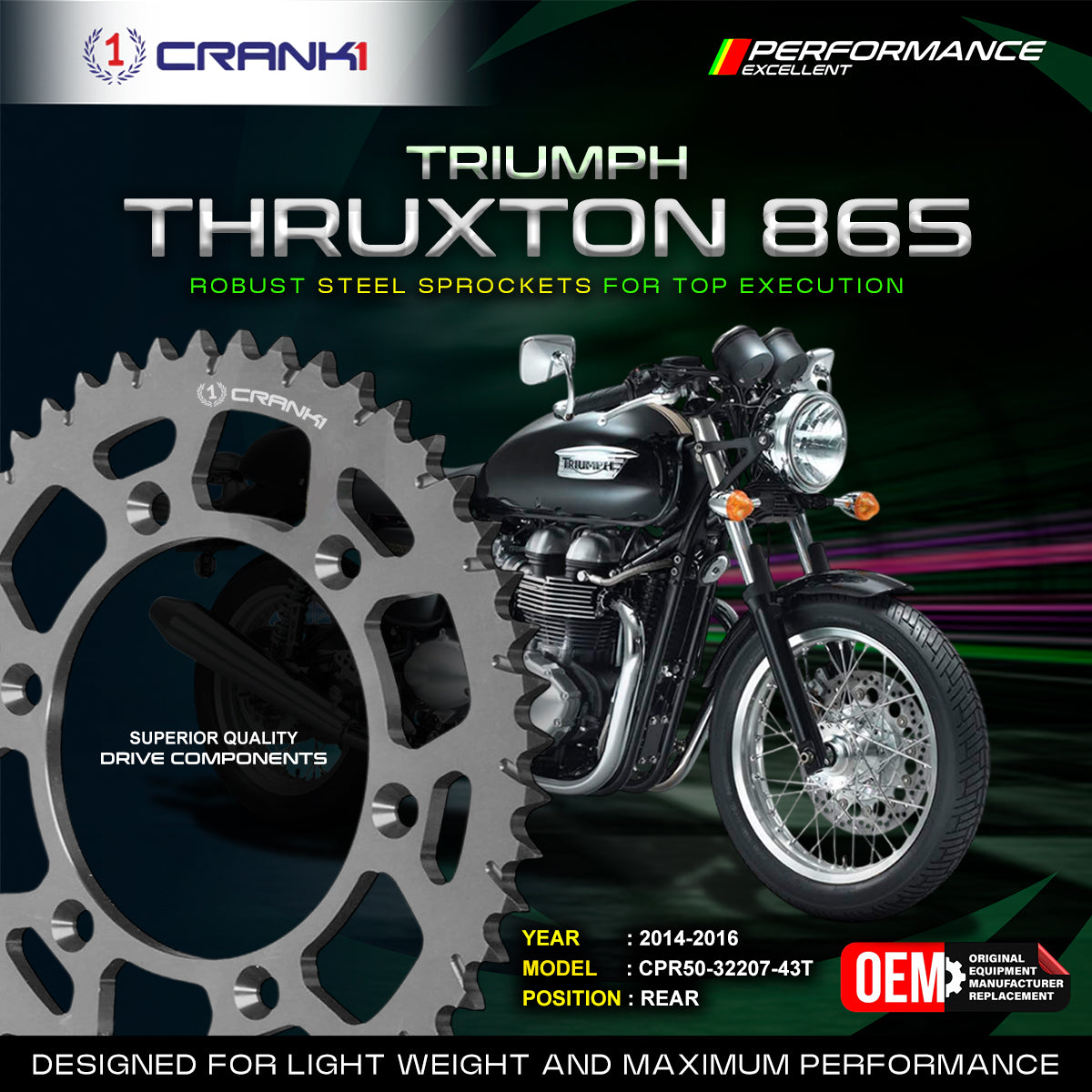 Crank1 Sprocket For Triumph Thruxton 865 2014–2016 - Rear - CPR50-32207-43T