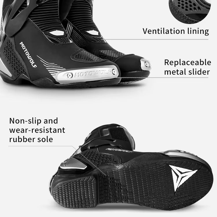 MOTOWOLF BO1 Racing Motorcycle Riding Boots for Unisex | Reinforced Protection, Anti-Slip Sole, All-Weather Riding Boots - WHITE RED