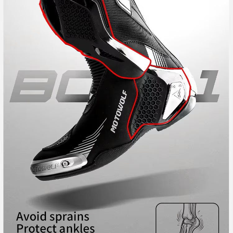 MOTOWOLF BO1 Racing Motorcycle Riding Boots for Unisex | Reinforced Protection, Anti-Slip Sole, All-Weather Riding Boots - WHITE RED
