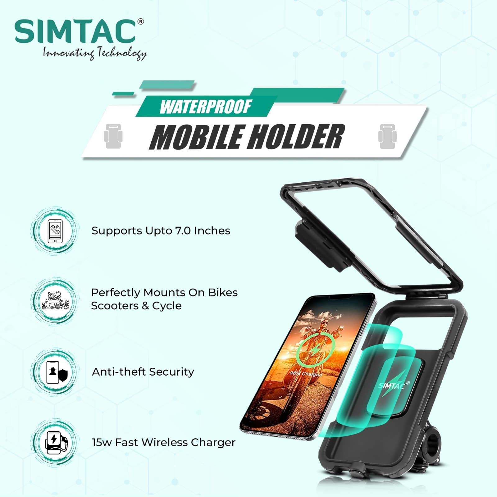 Simtac waterproof mobile holder with Wireless & Type-C charger (MHWPWC-15C)