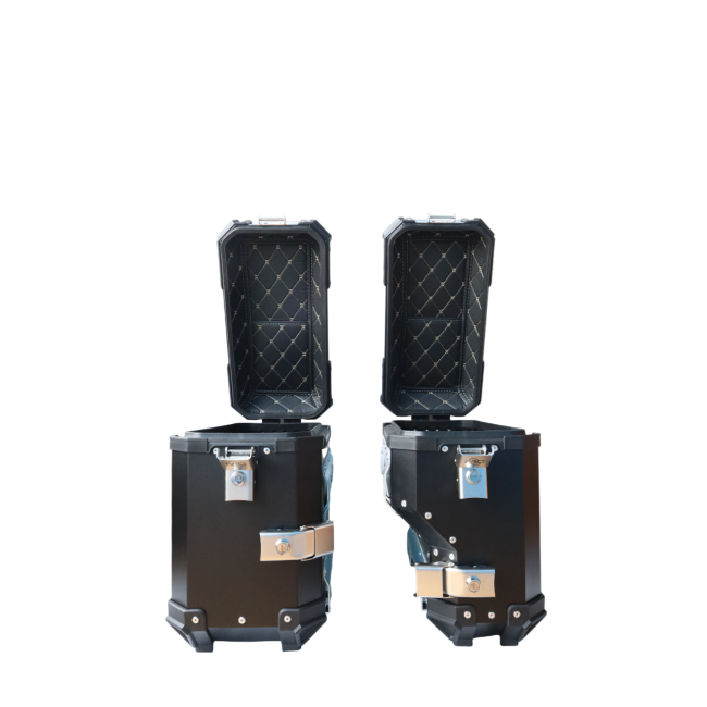 MOTOCARE ALUMINIUM 36 LITRE BLACK PANNIERS WITH SADDLE CLAMP