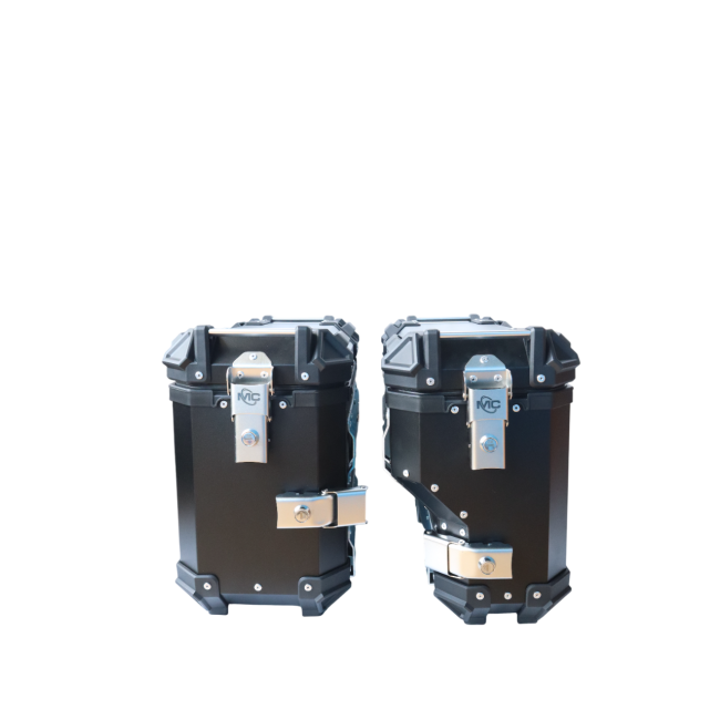 MOTOCARE ALUMINIUM 36 LITRE BLACK PANNIERS WITH SADDLE CLAMP