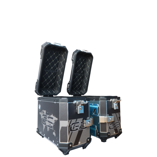 MOTOCARE ALUMINIUM 36 LITRE BMW GS BLACK PANNIERS WITH SADDLE CLAMP