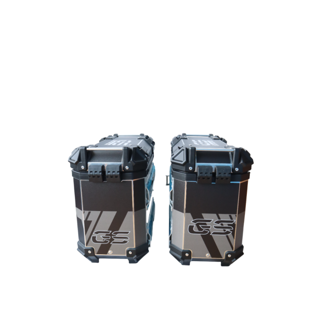 MOTOCARE ALUMINIUM 36 LITRE BMW GS BLACK PANNIERS WITH SADDLE CLAMP