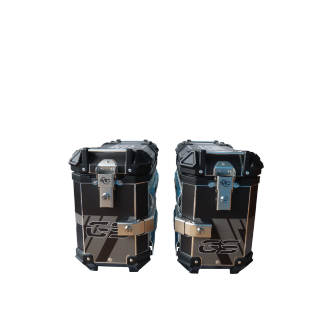 MOTOCARE ALUMINIUM 36 LITRE BMW GS BLACK PANNIERS WITH SADDLE CLAMP