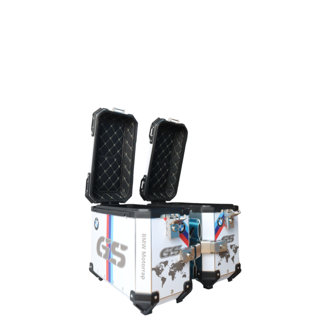 MOTOCARE ALUMINIUM 36 LITRE BMW GS SILVER PANNIERS WITH SADDLE CLAMP