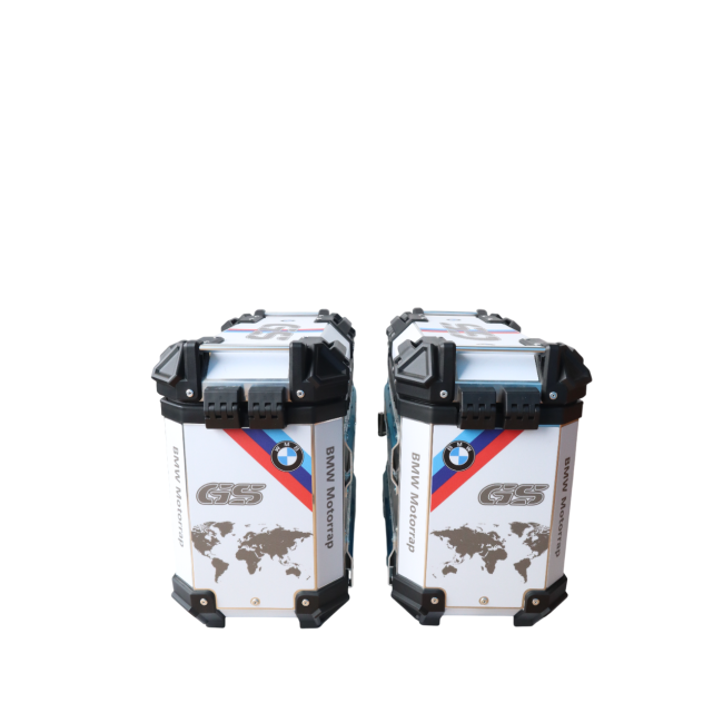 MOTOCARE ALUMINIUM 36 LITRE BMW GS SILVER PANNIERS WITH SADDLE CLAMP