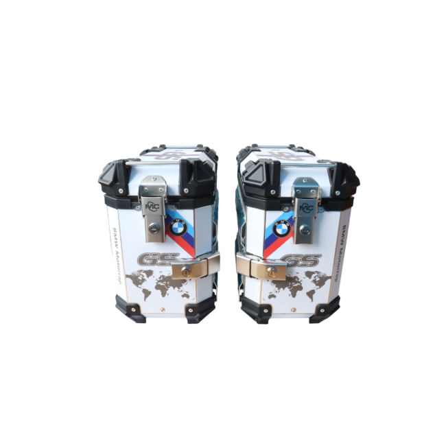 MOTOCARE ALUMINIUM 36 LITRE BMW GS SILVER PANNIERS WITH SADDLE CLAMP