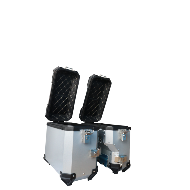 MOTOCARE ALUMINIUM 36 LITRE SILVER PANNIERS WITH SADDLE CLAMP