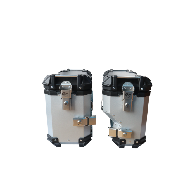 MOTOCARE ALUMINIUM 36 LITRE SILVER PANNIERS WITH SADDLE CLAMP