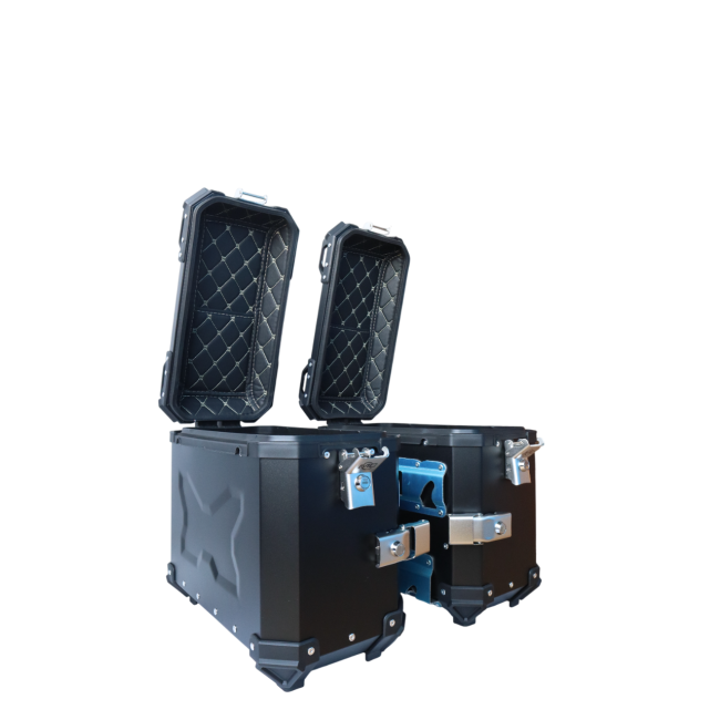 MOTOCARE ALUMINIUM MX 36 LITRE BLACK PANNIERS WITH SADDLE CLAMP