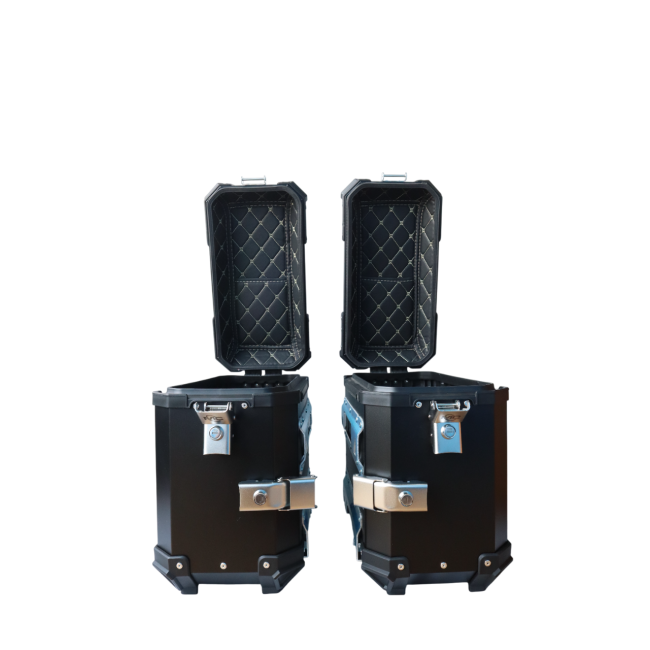MOTOCARE ALUMINIUM MX 36 LITRE BLACK PANNIERS WITH SADDLE CLAMP