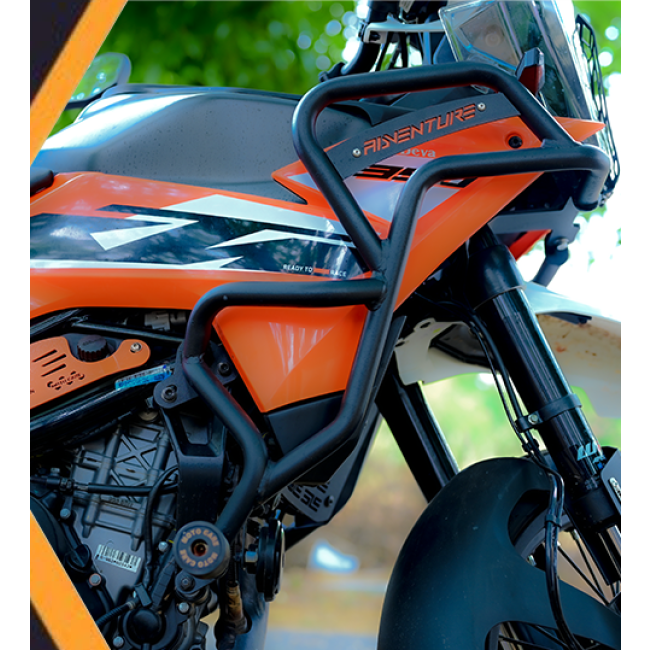 MotoCare Crash Guard with Dual Sliders for 2025 KTM Adventure 250 & 390 | Heavy Duty Engine Protection Guard (Premium Orange/Black)