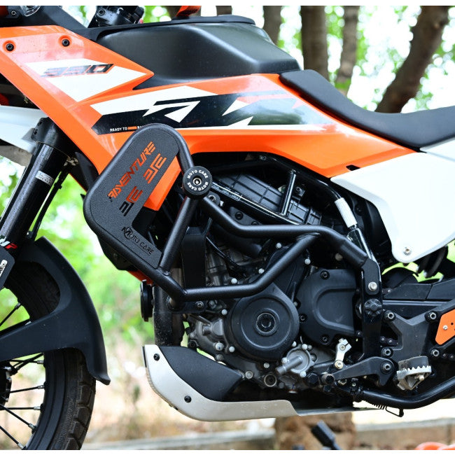 MotoCare Type 2 Crash Guard with Dual Sliders (Black) for 2025 KTM Adventure 250 & 390 | Heavy Duty Engine Protection Guard