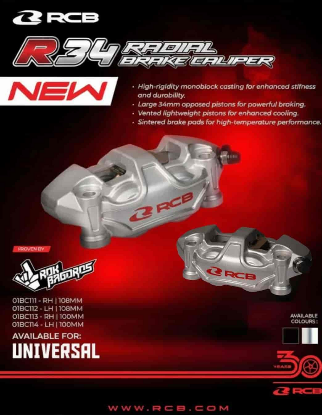 RCB R34 Radial Brake Caliper 108mm Silver 01BC112S (Left-LH)