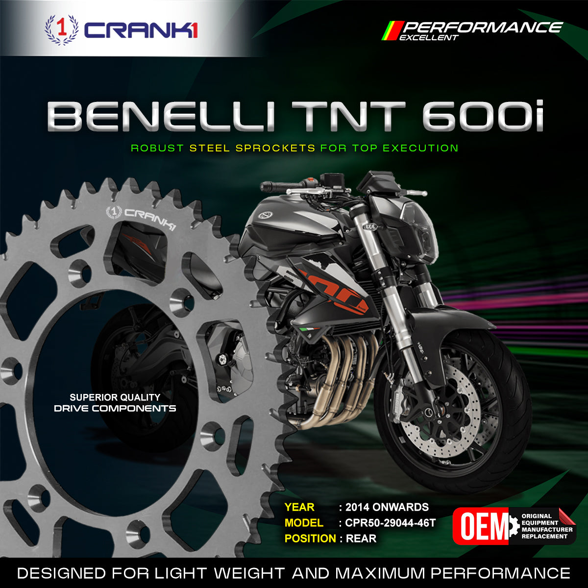 Sprocket For Benelli TNT 600i (2014 Onwards) - Rear - CPR50-29044-46T - CRANK1