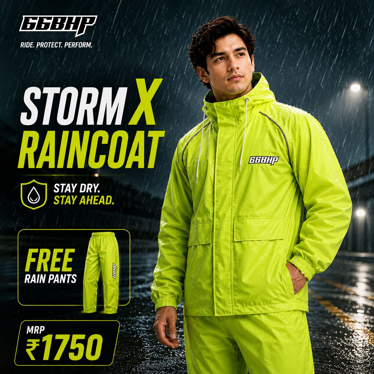 66BHP Storm X Waterproof Motorcycle Raincoat with Free Riding Pant