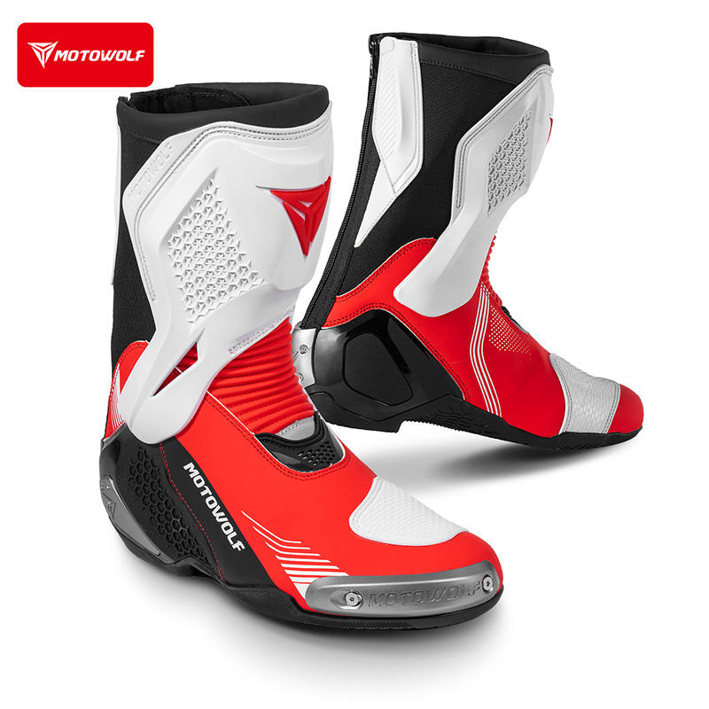 MOTOWOLF BO1 Racing Motorcycle Riding Boots for Unisex | Reinforced Protection, Anti-Slip Sole, All-Weather Riding Boots - WHITE RED