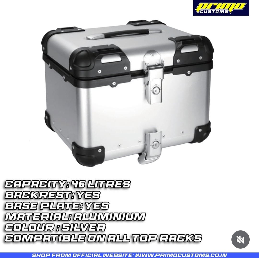 46 Litres Curved Aluminium Top Box Silver With Backrest
